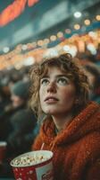 Woman enjoying popcorn while watching an event with blurred crowd and festive lights in the background photo