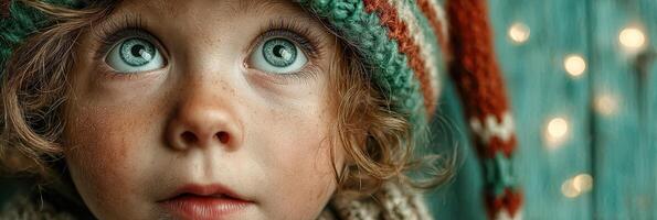 Child with bright blue eyes gazes upwards wearing a colorful knit hat against a textured background with soft lighting photo