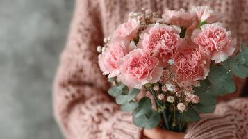 Soft pink flowers held gently in hands wearing a knitted sweater against a textured background photo