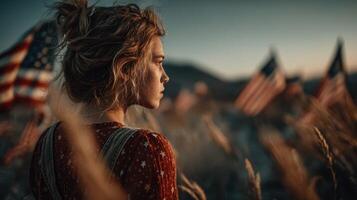 Young woman standing in a field with American flags during sunset reflecting on personal freedom and patriotism photo