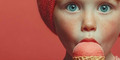 Young child enjoying a bright pink ice cream cone against a vivid red background during a playful summer afternoon photo