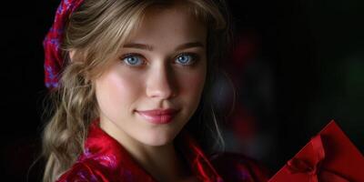 Young woman with captivating blue eyes holding a red gift in a dark setting during a festive celebration photo