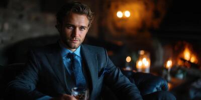 Stylish man enjoys a drink by the fire in a cozy, dimly lit lounge on a chilly evening photo