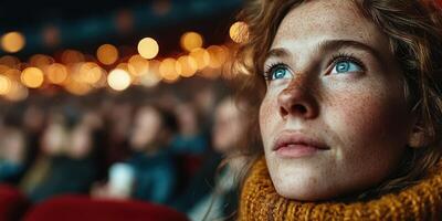 Attendee captivated by performance in theater with warm lighting and blurred crowd in the background photo