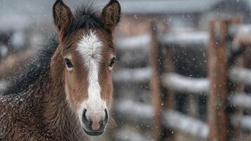 Winter wonderland with a foal in a snowy rural setting near a wooden fence during a quiet afternoon photo