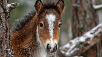 Young horse peeking out from behind snowy trees in a winter forest setting photo