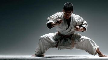 Martial artist practicing a dynamic stance in a minimalist space during an intense training session photo