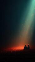 Couple enjoys a romantic moment in a dimly lit theater with soft light illuminating their surroundings photo