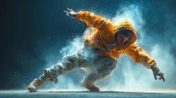 Dynamic dance performance in a cloud of dust at an urban location during evening hours photo