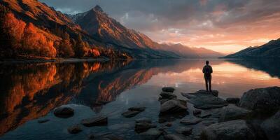 Serene sunset view of a lone hiker on the shore of a tranquil lake surrounded by autumn foliage photo