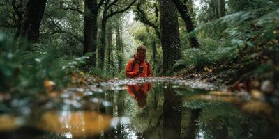 Hiker in bright red jacket exploring a forest while reflecting on calm water during a rainy day photo