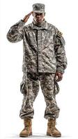 Military soldier saluting in camouflage uniform with boots during daytime photo