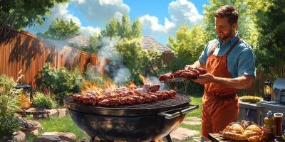 Grilling juicy meats in a vibrant backyard on a sunny afternoon photo