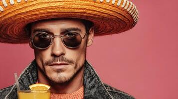 Man wearing a sombrero and sunglasses enjoys a tropical drink against a vibrant pink background during a festive gathering photo