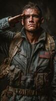Soldier saluting in military uniform during training exercise in rugged terrain under dramatic lighting photo