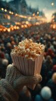 Hand holding popcorn in a festive crowd at night with glowing lights and a winter atmosphere photo