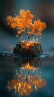 Bright orange leaves glow on a small tree growing from a tree stump surrounded by water at dusk photo