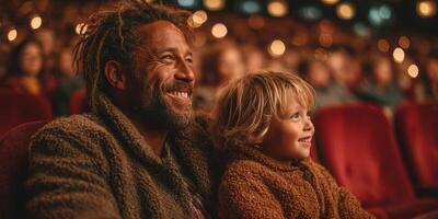 Father and child enjoy a joyful moment together while watching a performance in a cozy theater setting at night photo