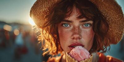 Young woman enjoying ice cream at sunset in a vibrant outdoor setting with people in the background photo