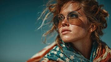 Woman with curly hair wearing sunglasses and a textured scarf with stars against a bright blue sky during daytime photo