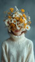 Unique floral arrangement on a person's head in a soft, artistic indoor setting during daylight photo