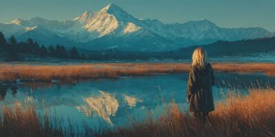 Person standing by a calm lake reflecting snow-capped mountains during golden hour in a natural landscape photo