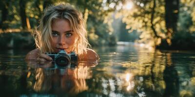 Portrait of a young woman in water holding a camera during golden hour at a serene forest location photo