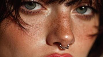 Close-up of a person with freckles and a septum piercing showcasing natural beauty and distinctive features in bright lighting photo