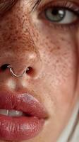 Close-up of a person with freckles and a nose ring, showcasing unique facial features and natural beauty photo