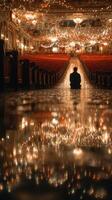 Reflection in a grand theater with sparkling lights illuminating empty seats and a solitary figure photo