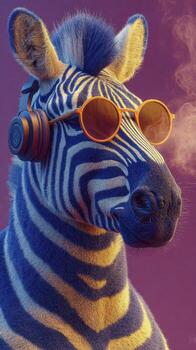 Zebra with headphones and sunglasses enjoys a stylish moment against a colorful background photo