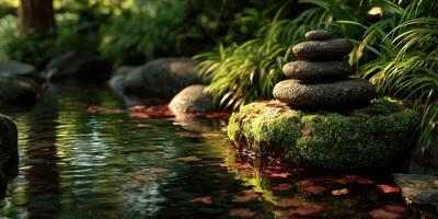 Serene stone arrangement by tranquil water in a natural garden setting during autumn afternoon photo