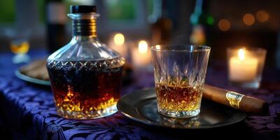 Elegant evening setting with whiskey, cigar, and candles on a table photo