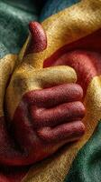 Colorful hand showing thumbs up with vibrant fabric in background celebrating unity and positivity photo