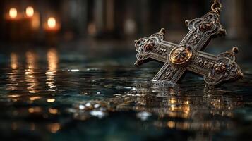 Detailed cross submerged in water with elegant reflections and warm candlelight in the background during a serene setting photo