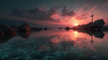 Sunset reflects on calm water with a cross on rocky shoreline, creating a serene atmosphere in nature photo