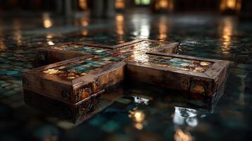 Intricate wooden cross with tile inlay rests on a reflective floor in a dimly lit historical space photo