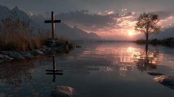 Scenic sunset with a cross beside a tranquil lake and a solitary tree in a mountainous landscape photo