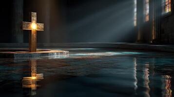 Golden cross shining on water surface in a tranquil sacred space during afternoon light photo