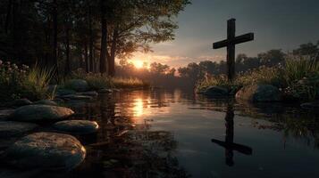 Sunset over a tranquil river with a wooden cross and reflections in the water during early evening hours photo