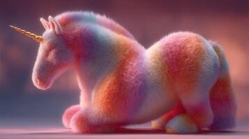 Colorful fluffy unicorn relaxing in a dreamy environment during twilight hours photo