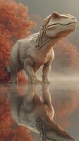 Dinosaur stands majestically in tranquil waters reflecting autumn foliage at dawn photo