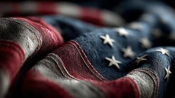 Waving fabric of an American flag showcasing vibrant colors and intricate details photo