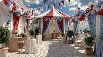 Colorful outdoor event space decorated with balloons and festive bunting in a sunny setting photo
