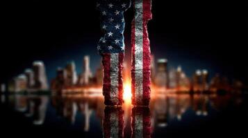 Artwork representing freedom and unity with American flag-themed pillars in an urban setting during sunset photo