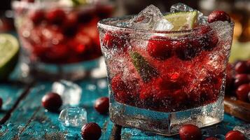 Refreshing cocktail with berries and lime served on a rustic table during a vibrant gathering at sunset photo