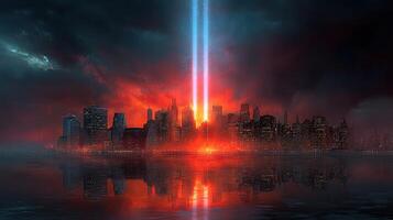 Striking skyline illuminated by twin beams during twilight over a city facing a dramatic, fiery ambiance photo