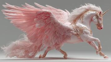 Majestic winged unicorn runs gracefully across a soft surface in a whimsical fantasy setting photo