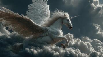 Majestic winged unicorn soaring through ethereal clouds at twilight photo