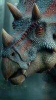 Close-up of a triceratops in a misty forest, showcasing its textured skin and prominent horns during a tranquil morning photo